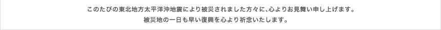 このたびの東北地方太平洋沖地震により被災されました方々に、心よりお見舞い申し上げます。被災地の一日も早い復興を心より祈念いたします。