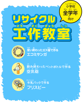 小学校全学年向け リサイクル工作教室 使い終わったガス管で作る エコミサンガ、飲み終わったペットボトルで作る 空気砲、牛乳パックで作る フリスビー