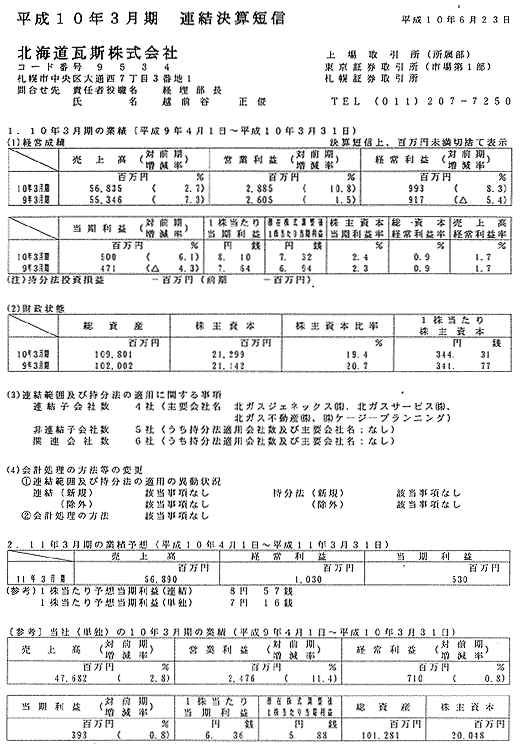 平成10年3月期 連結決算短信